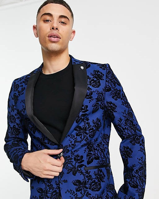 Jackalope Skinny Suit Jacket in Blue with Navy Flocking