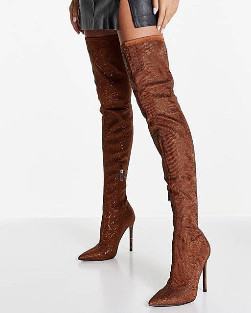 Kamila Embellished Over The Knee Boots In Copper