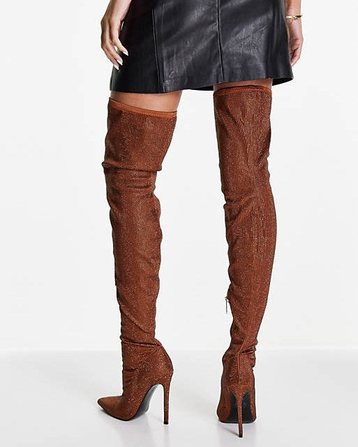 Kamila Embellished Over The Knee Boots In Copper