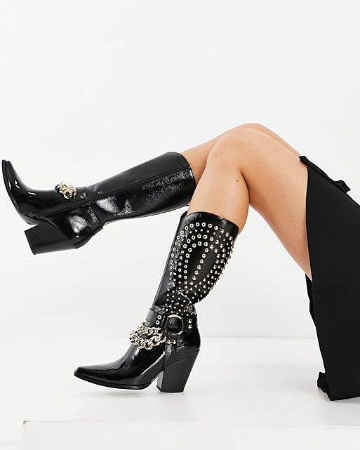 Knee High Boots With Chain And Stud Detailing In Black