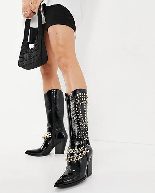 Knee High Boots With Chain And Stud Detailing In Black