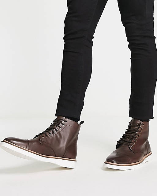 Lace Up Boot In Brown Leather With White Wedge Sole