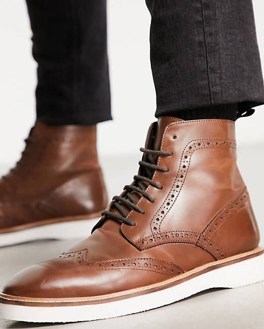 Lace Up Brogue Boot In Tan Leather With Contrast White Sole