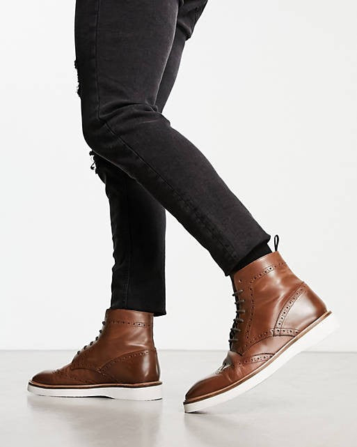 Lace Up Brogue Boot In Tan Leather With Contrast White Sole