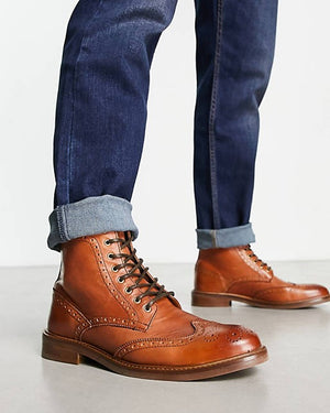 Lace Up Brogue Boots In Brown Leather
