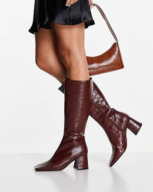 Leather Mid Knee High Boot In Tan