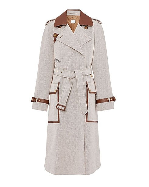 Leather Trim Cotton Canvas Trench Coat