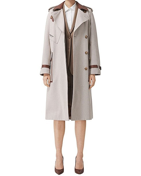 Leather Trim Cotton Canvas Trench Coat