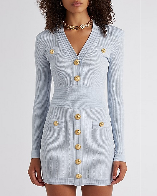 Light Blue Ribbed-Knit Mini Dress