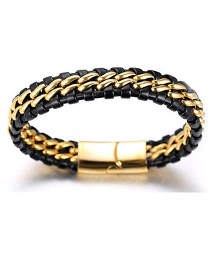 Men's Genuine Leather Titanium Bracelet Black & Golden 8.46"