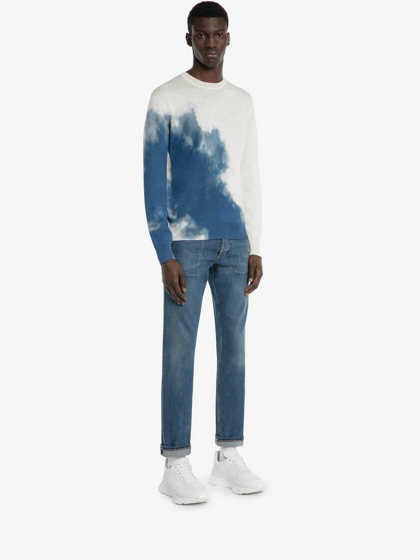 Men's Light Sky Wool Silk Jumper in Ivory/blue