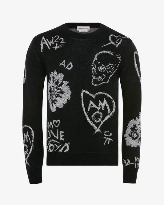 Men's Wool Tree Graffiti Jumper in Black/silver