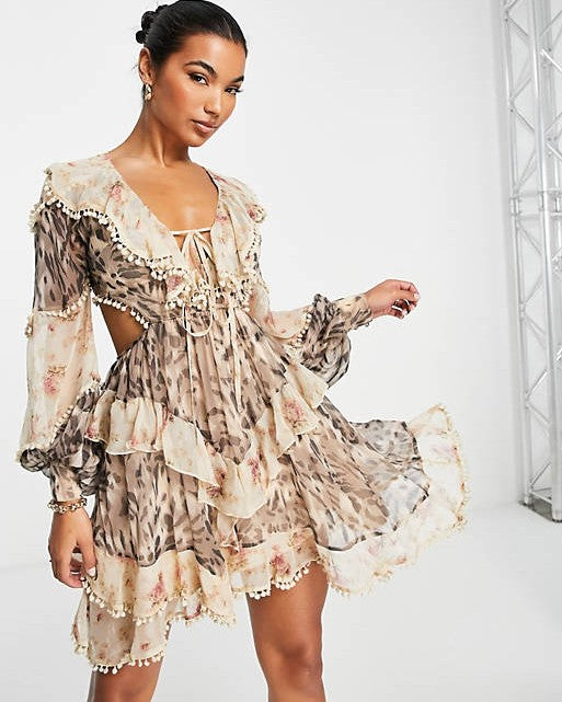 Mini Dress With Ruffle Detail In Mixed Floral And Animal Print