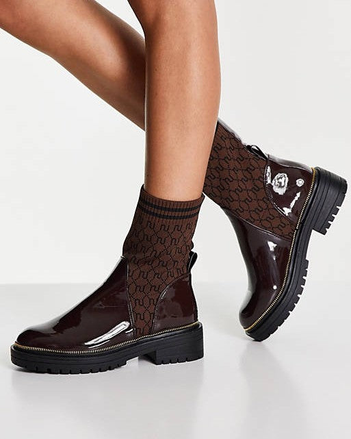 Monogram Knit Flat Sock Boot In Brown