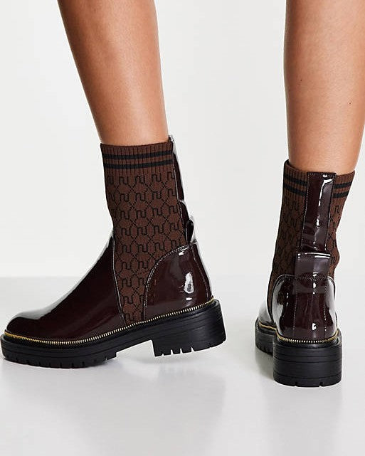 Monogram Knit Flat Sock Boot In Brown