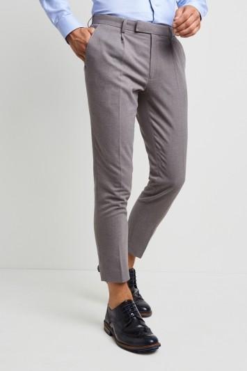 Slim Fit Light Grey Flannel Single Pleat Front Cropped Trousers