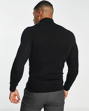 Muscle Fit Premium Merino Wool Roll Neck Jumper In Black
