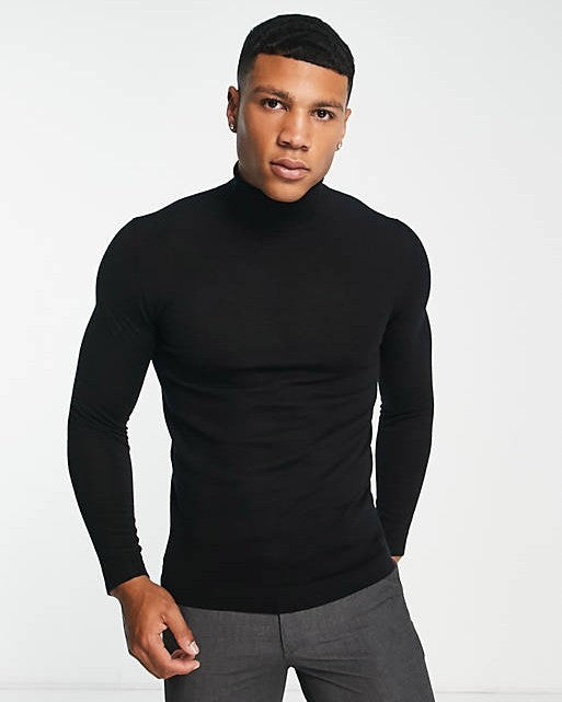 Muscle Fit Premium Merino Wool Roll Neck Jumper In Black