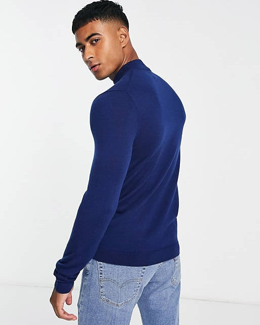 Muscle Fit Premium Merino Wool Turtle Neck Jumper In Navy