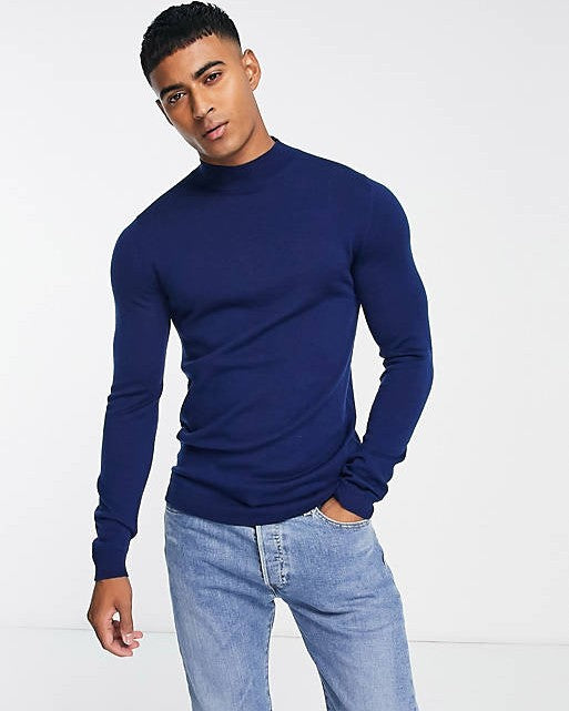 Muscle Fit Premium Merino Wool Turtle Neck Jumper In Navy