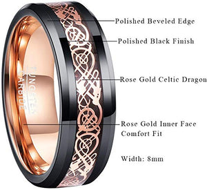 Ladies/Mens Tungsten Carbide Ring with Rose Gold Celtic Dragon Engraved