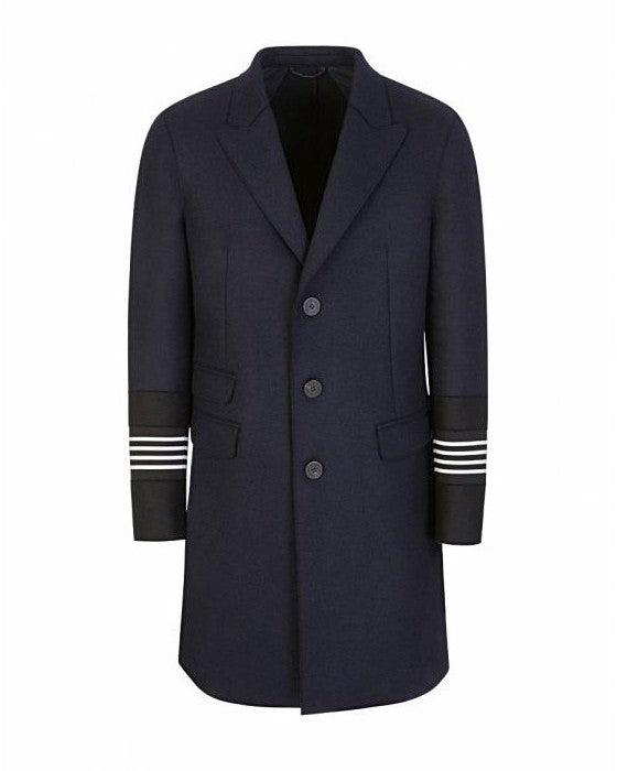 Navy Wool Stripe Cuff Overcoat
