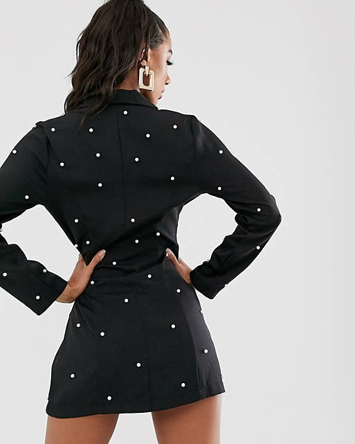 Pearl Embellished Blazer Dress In Black