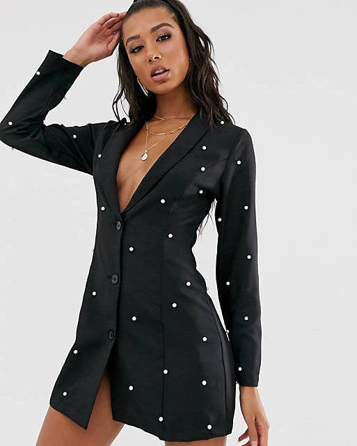 Pearl Embellished Blazer Dress In Black