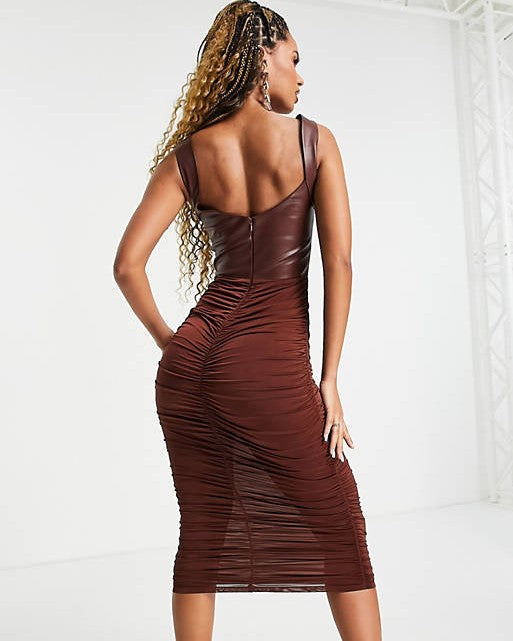 Pu Corset Slinky Ruched Midaxi In Chocolate