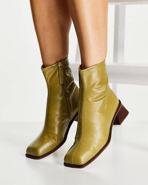 Rebecca Premium Leather Square Toe Boots In Khaki