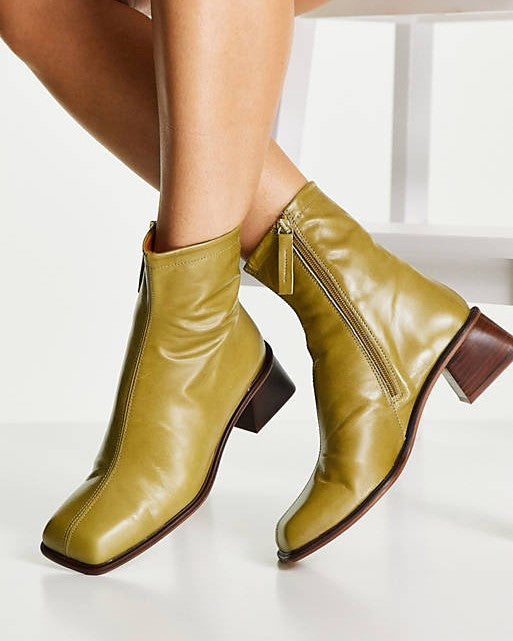 Rebecca Premium Leather Square Toe Boots In Khaki