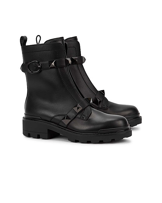 Roman Stud Black Leather Ankle Boots