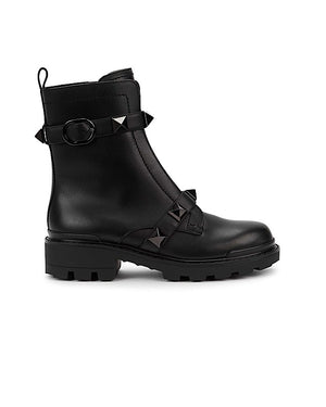 Roman Stud Black Leather Ankle Boots