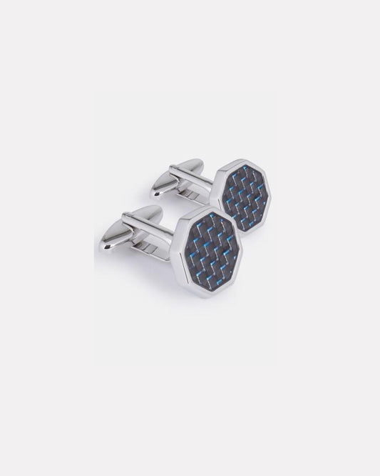 Shiny Rhodium with Black Carbon Fibre Weave Cufflink