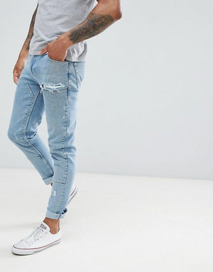 Skinny Jeans in Light Wash Blue Cut and Sew Panelling