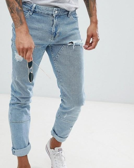 Skinny Jeans in Light Wash Blue Cut and Sew Panelling