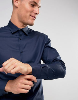 Slim Fit Easy Iron Smart Shirt In Navy - Exclusive MR