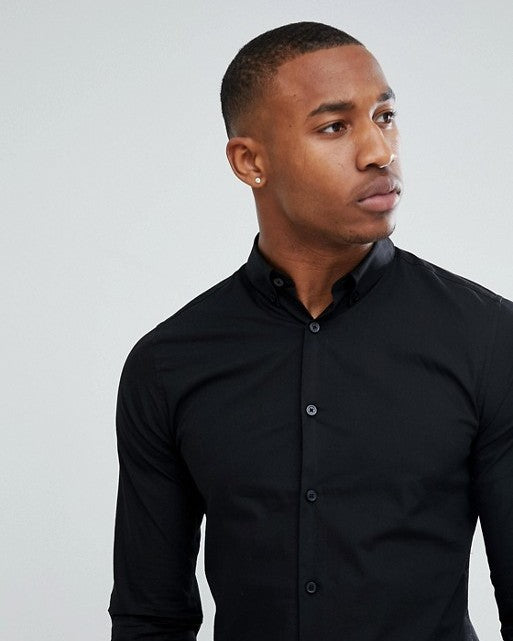 Slim Fit Stretch Poplin Shirt in Black