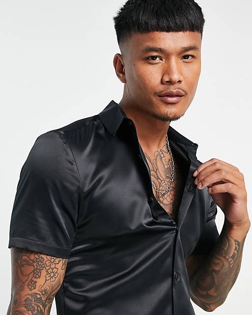 Skinny Satin Shirt in Black