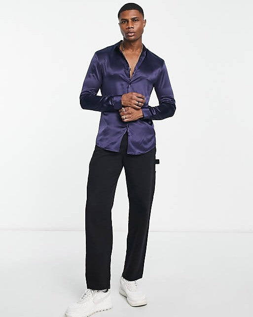 Skinny Satin Shirt in Navy