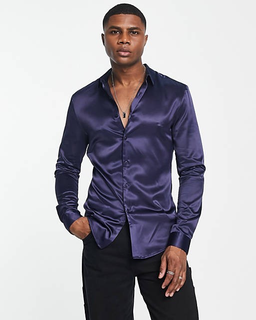 Skinny Satin Shirt in Navy