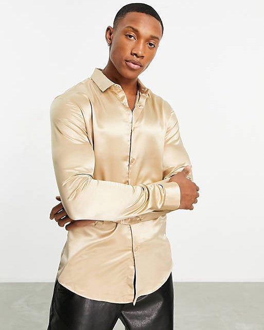 Skinny Satin Shirt in Sand