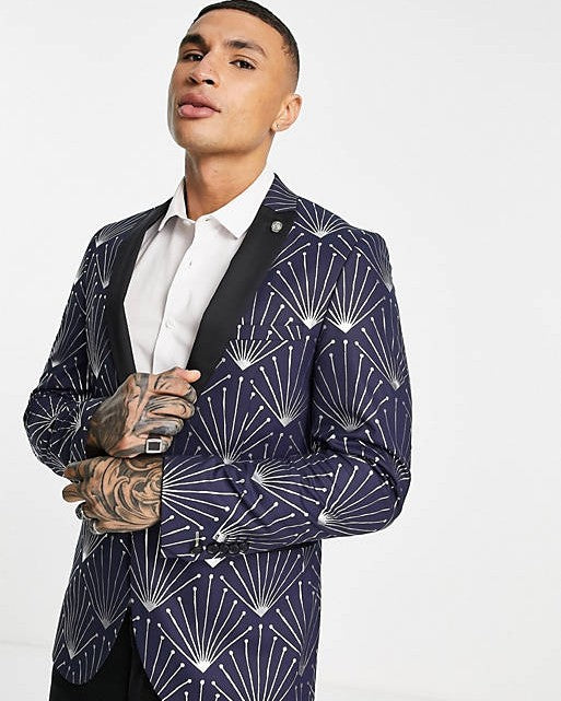 Suit Jacket in Navy with Silver Foil Geometric Print