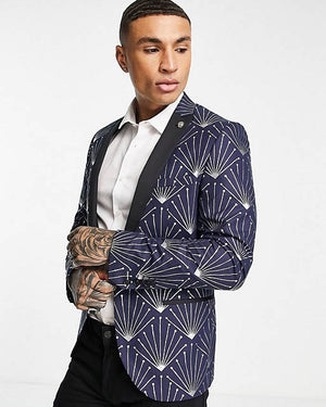 Suit Jacket in Navy with Silver Foil Geometric Print