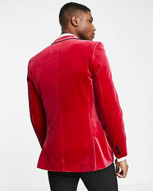 Super Skinny Velvet Blazer With Contrast Lapel In Raspberry Red