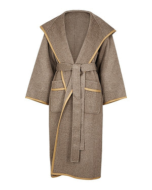 Taupe Leather-Trimmed Wool Coat