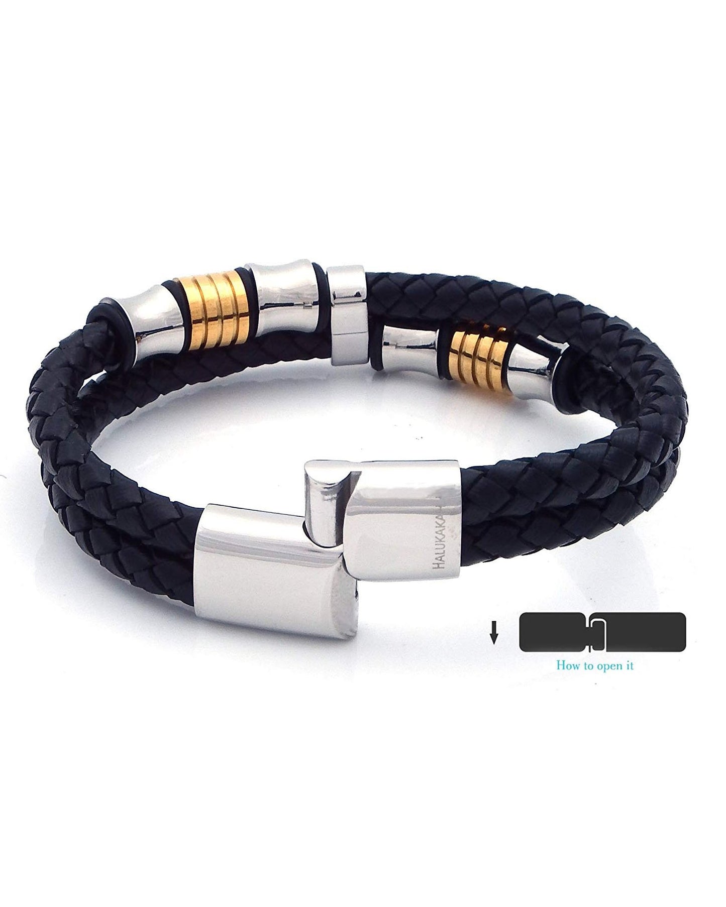 Men's Genuine Leather Bracelet Golden & Silver