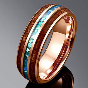 Hawaiian Koa Wood and Imitated Opal Inlay Tungsten Carbide Rings Rose Gold