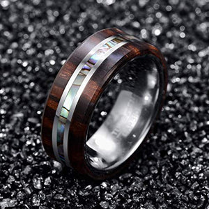 Wood and Abalone Shell Inlay Tungsten Carbide Rings