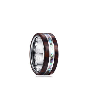 Wood and Abalone Shell Inlay Tungsten Carbide Rings